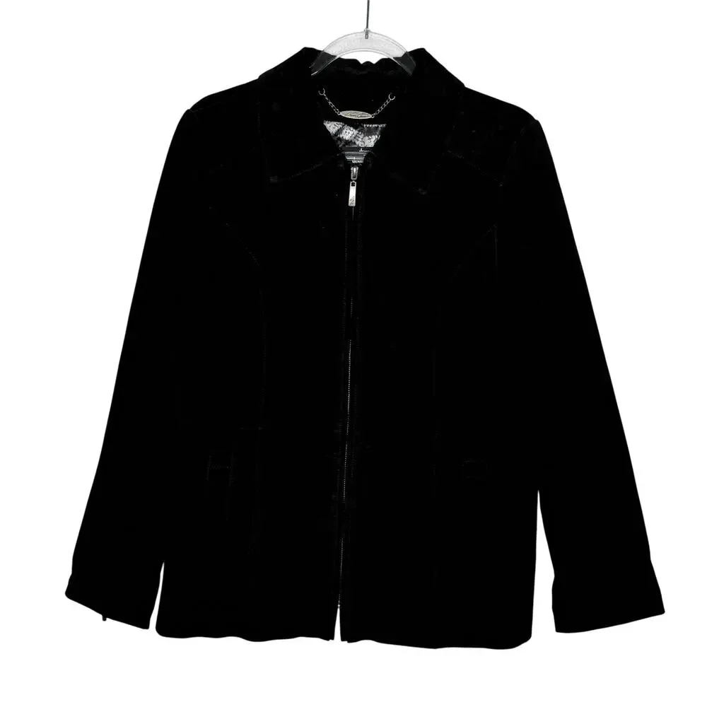 2000s Dennis Basso Washable Black Suede Leather Jacket zippered Cuffs Medium